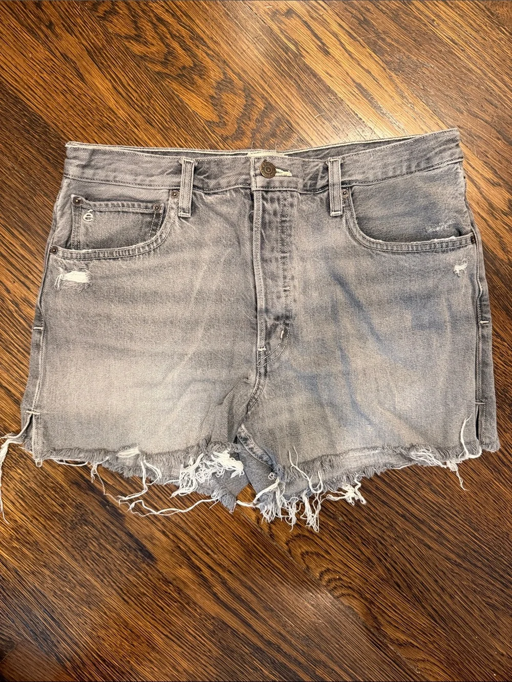 Etica Haven Slouch Short in Faded Grey with Raw Hem and Button Fly